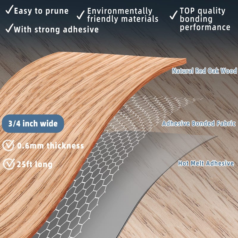 ZYJT Red Oak Edge Banding, 3/4 inch x 25ft roll of Real Wood Edge Banding Pre-glued Flexible, Veneer Tape Banding for Cabinet Repair Furniture Restoration - Image 2